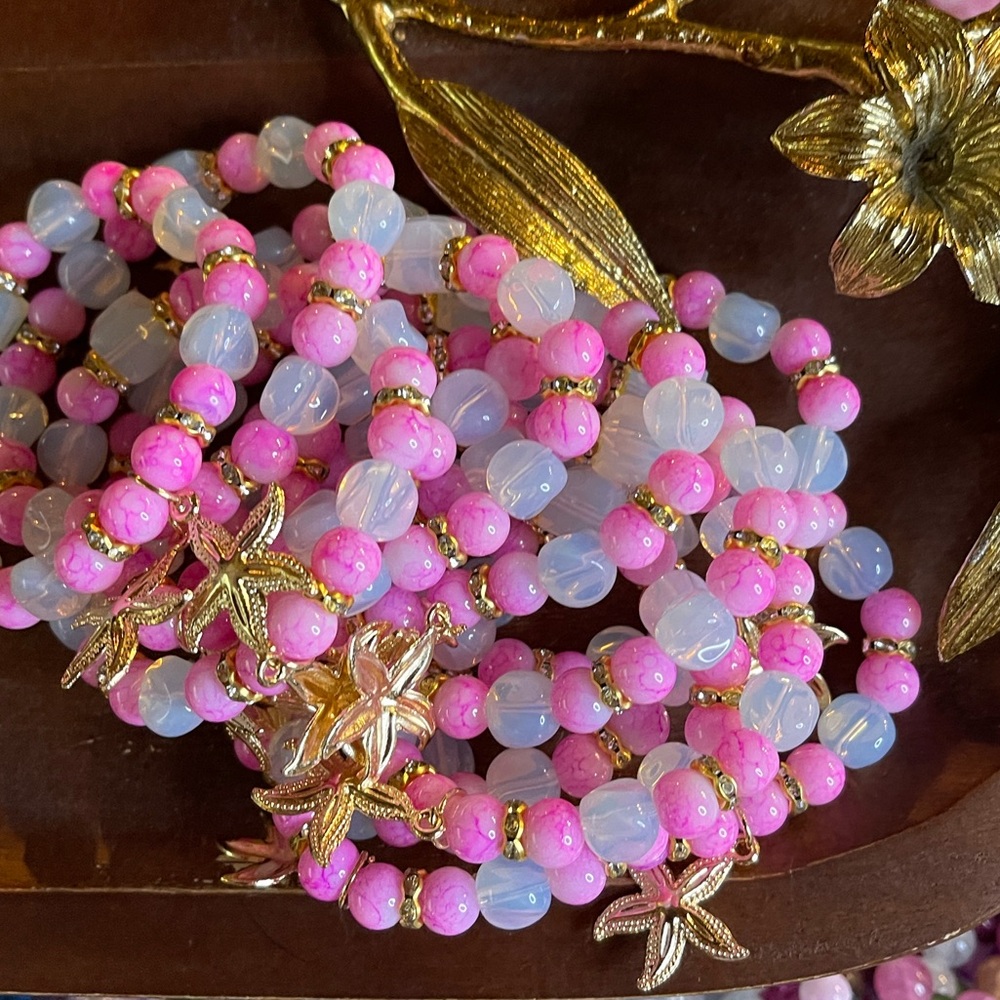 Pink and White Beaded Bracelet Set with Gold Accents